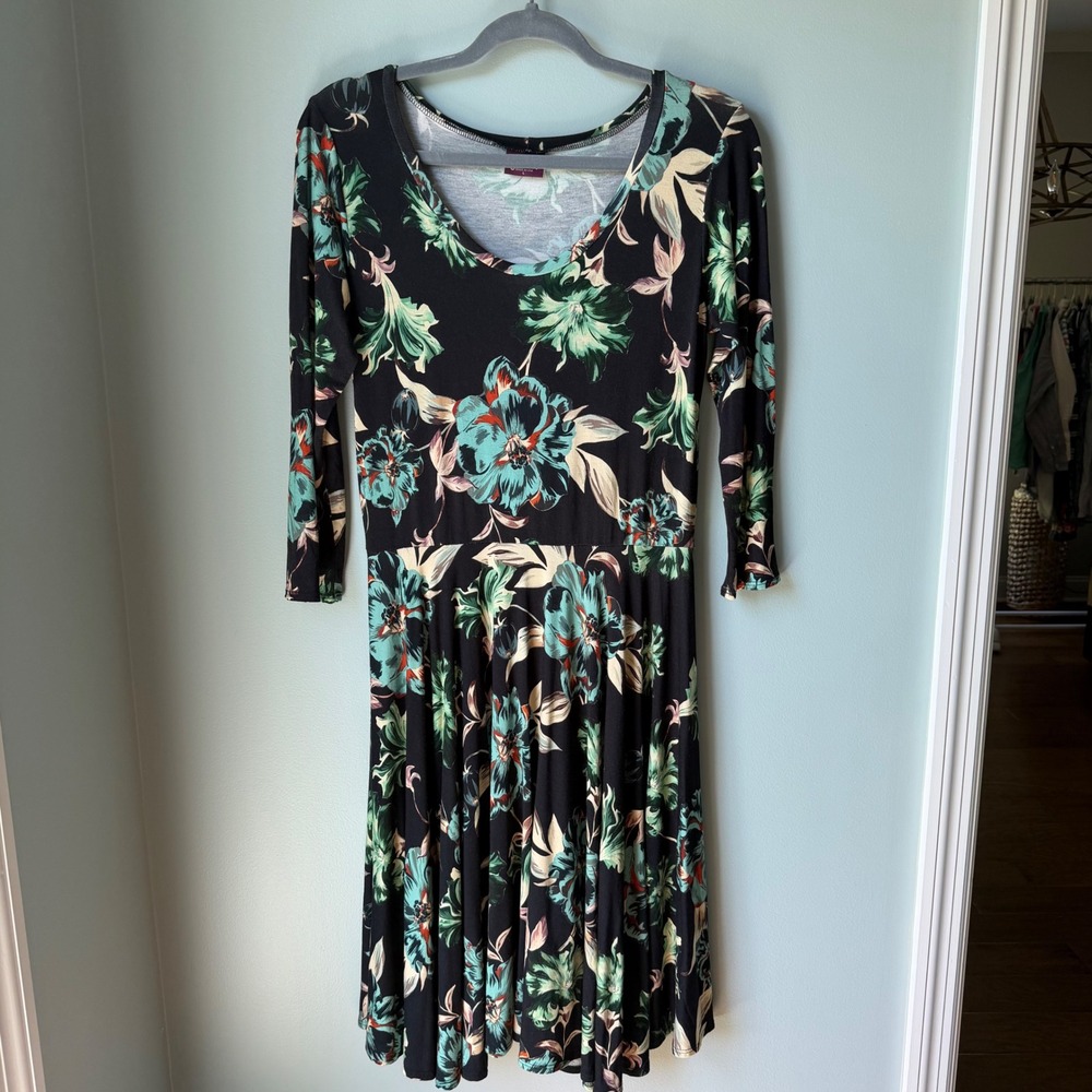 Salaam Women's Dress Long Sleeve Black Blue Floral Print‎ Boho Stretch SZ Large